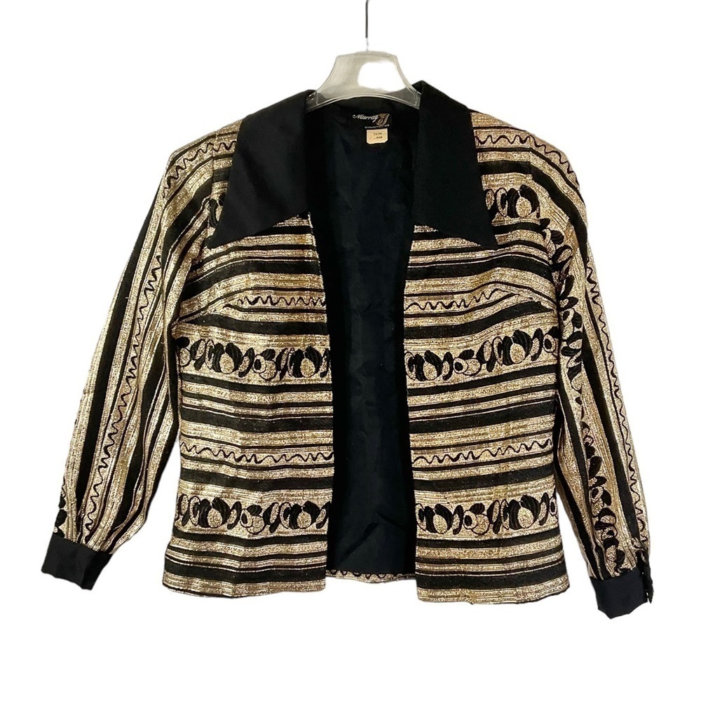 Vintage 70’s Gold Disco Jacket Shirt L Black Big Lapels,‎ Baroque, lamé
